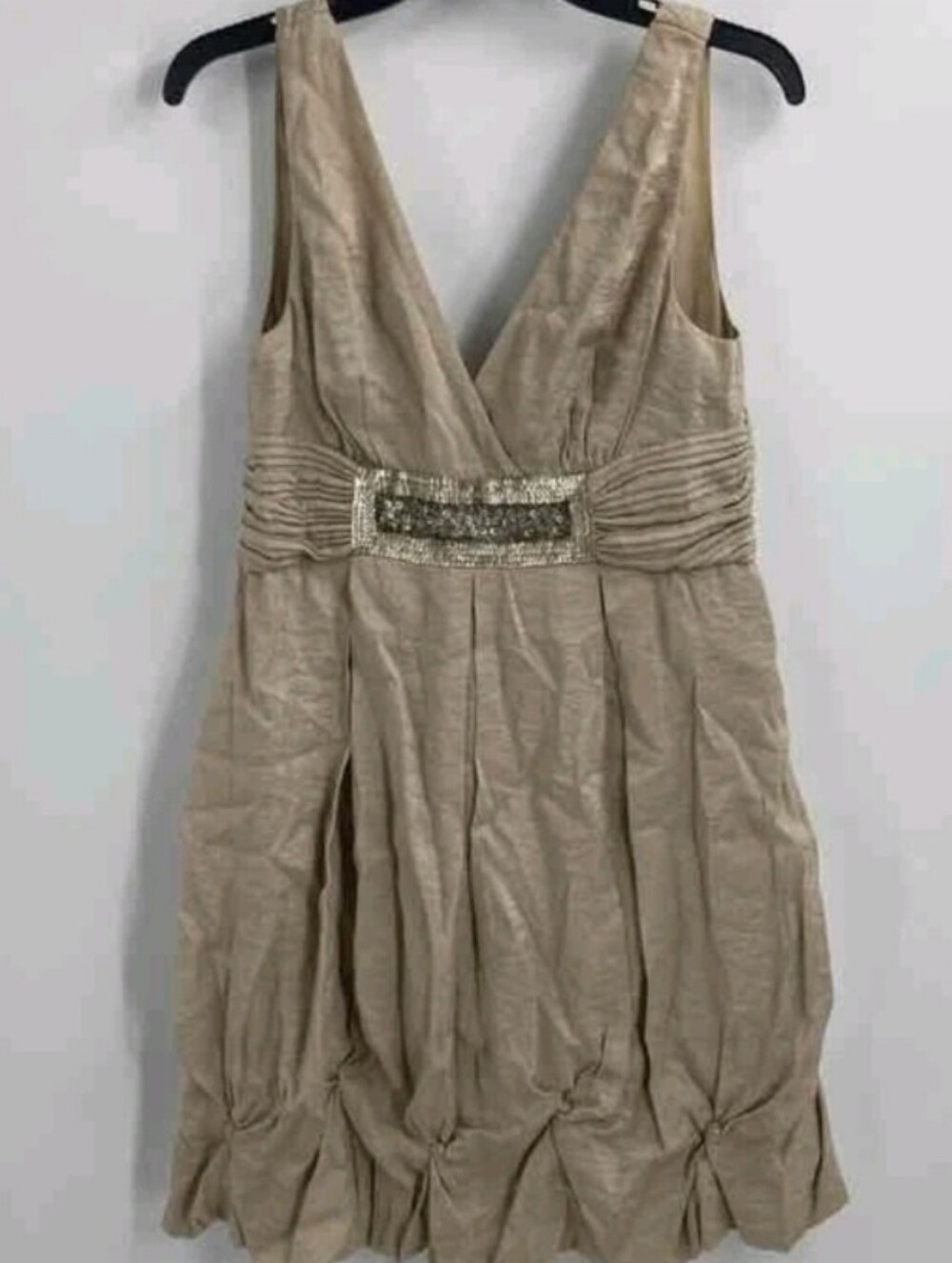 Sleeveless V-Neck Empire Sequin Waist Bubble Hem Dress in Beige Metallic Gold 12